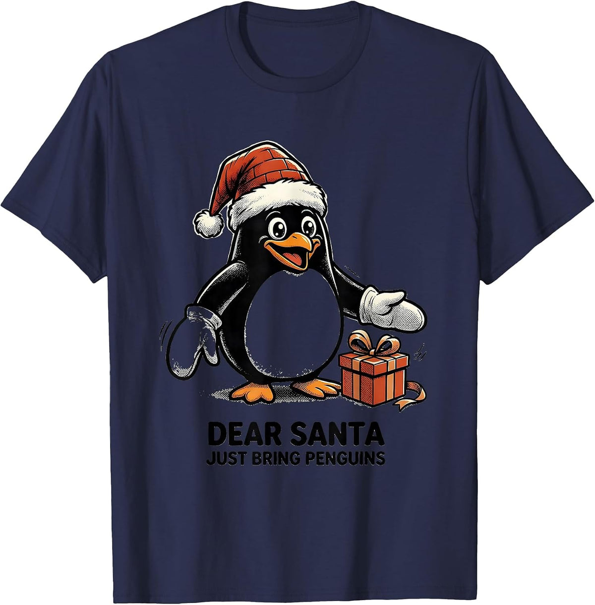 Dear Santa Just Bring Penguins Retro Cartoon Penguin Lover T-Shirt - Navy Blue