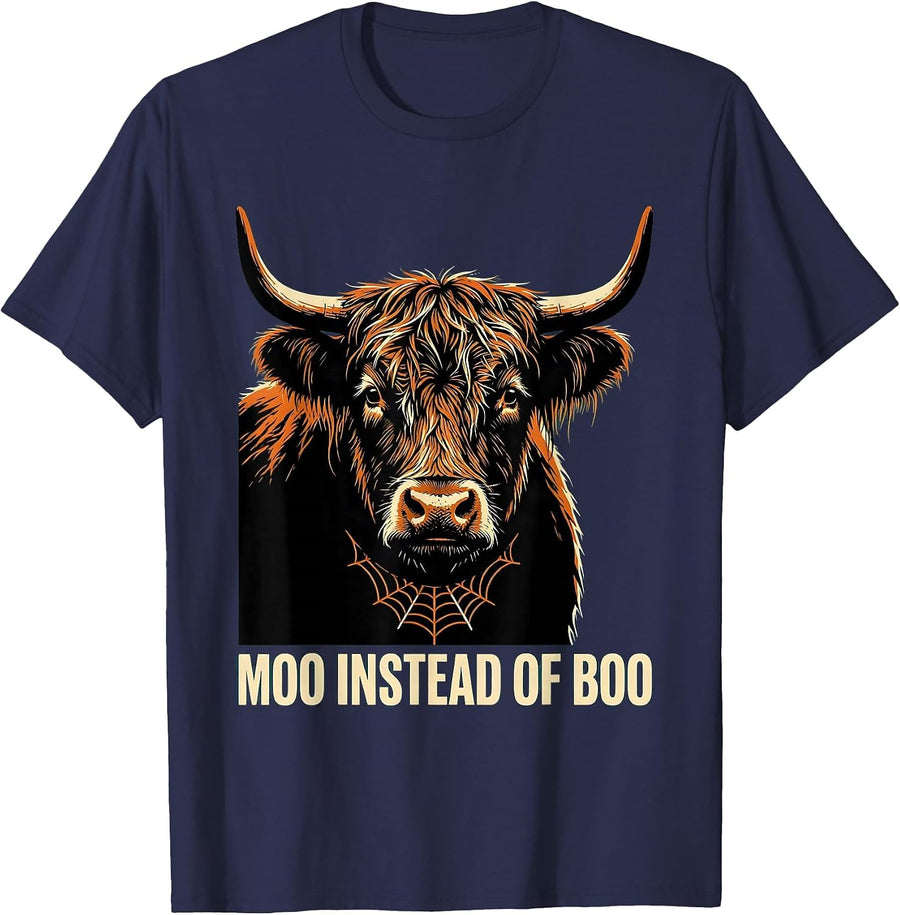 Moo Instead Of Boo Funny Highland Cow Halloween Humor T-Shirt - Navy Blue