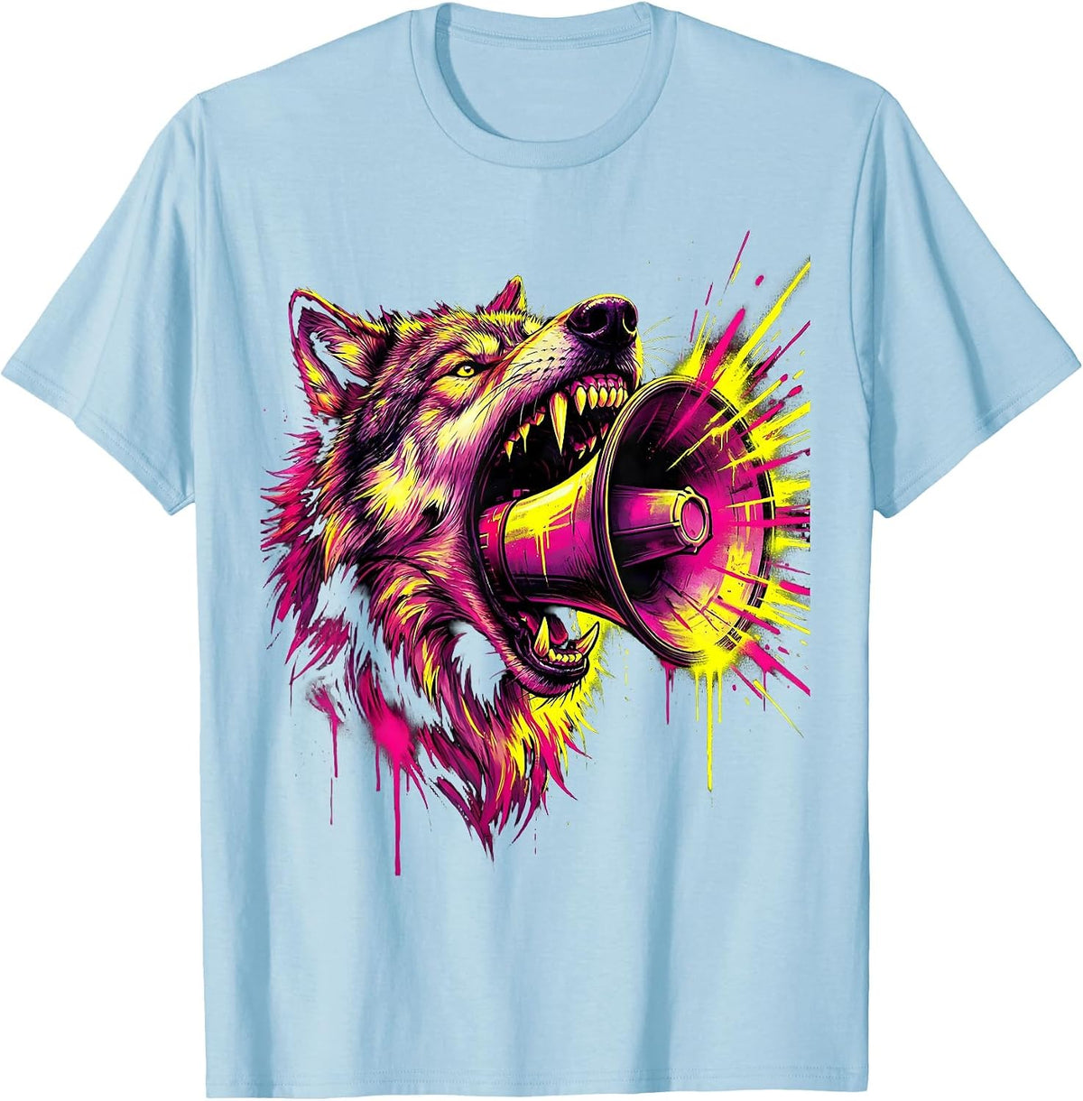 Men's Wolf Howling Megaphone Rock Music Graphic T-Shirt - Baby Blue