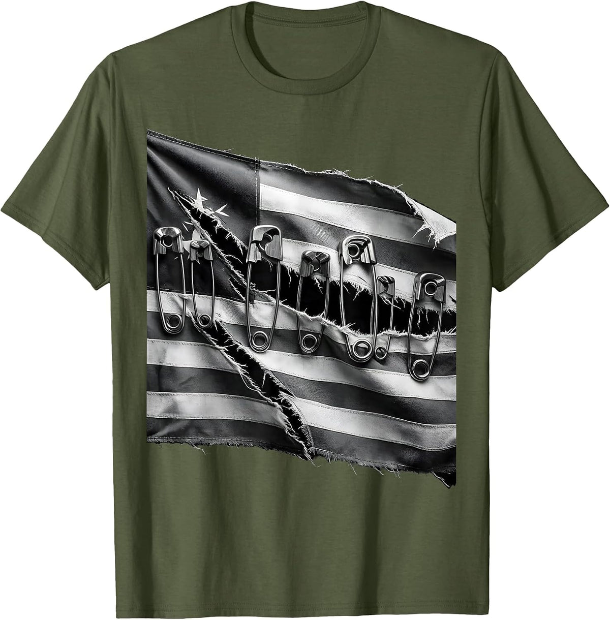 Men's Punk Torn Flag Safety Pin Repair Graphic T-Shirt - Olive Green