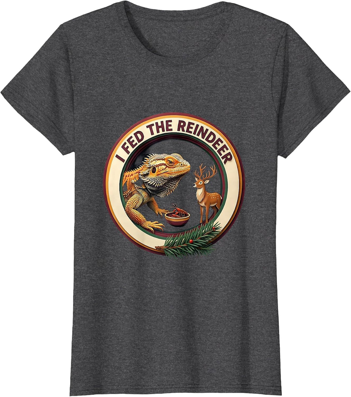 Women's I Fed The Reindeer Funny Bearded Dragon Christmas Pajama T-Shirt - Dark Heather Grey