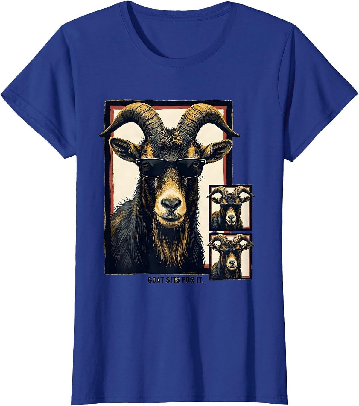 Women's Goat Sits For It Funny Farm Animal Portrait Photobooth T-Shirt - Royal Blue