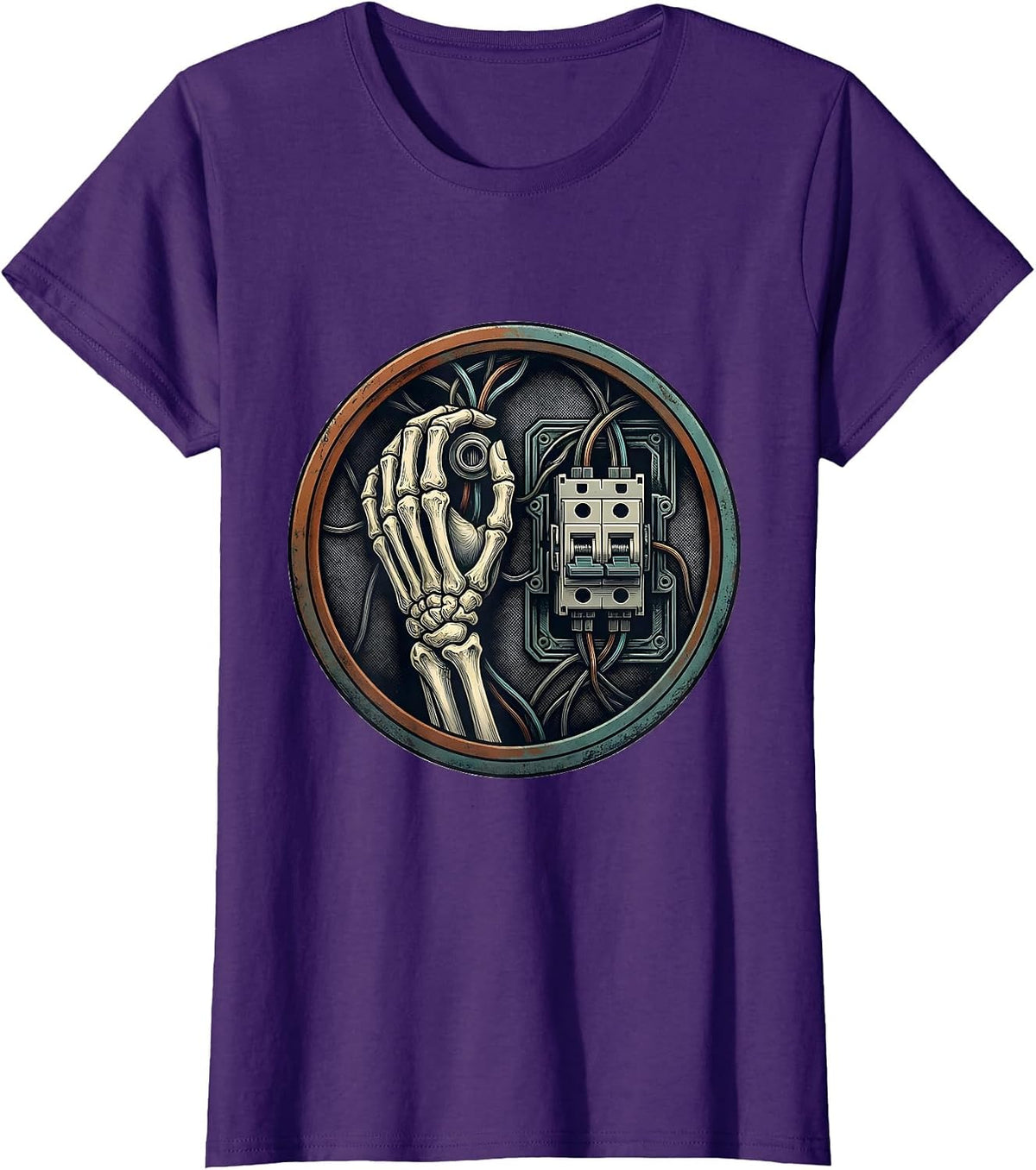 Women's Electrician Crest Skeleton Humor Electrician Gift T-Shirt - Purple