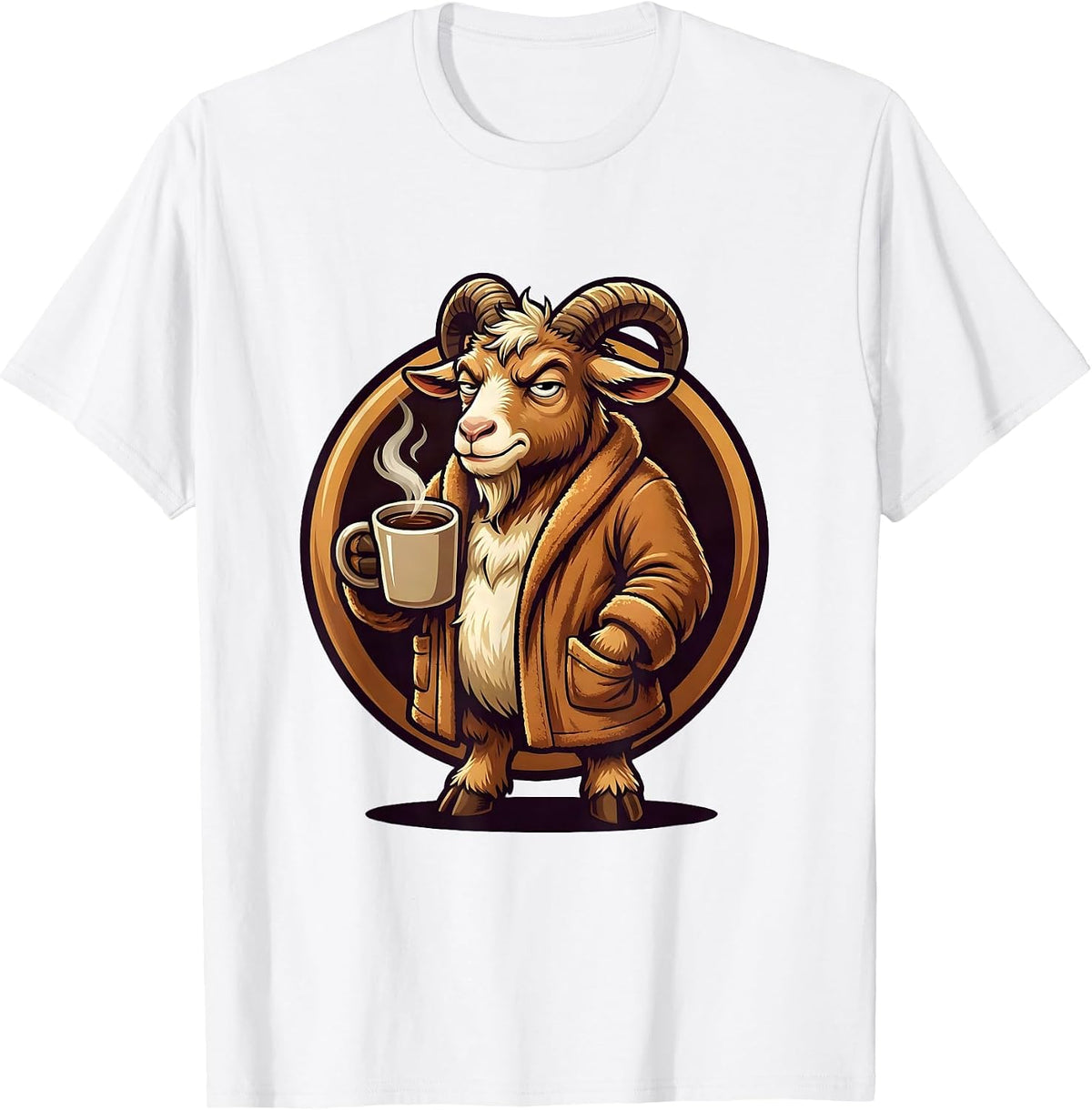 Men's Goat in Bathrobe Morning Coffee Funny Illustration T-Shirt - White