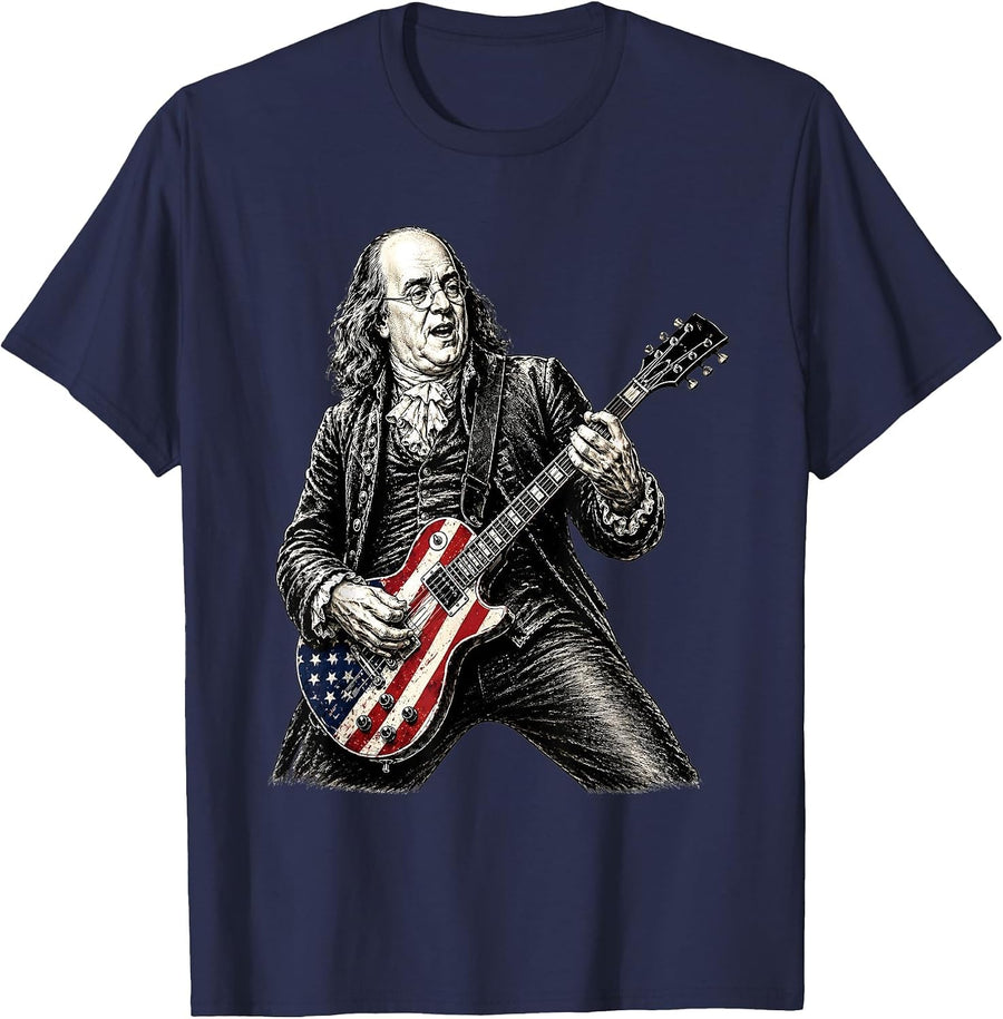 Ben Franklin American Flag Rock Guitar T-Shirt - Navy Blue