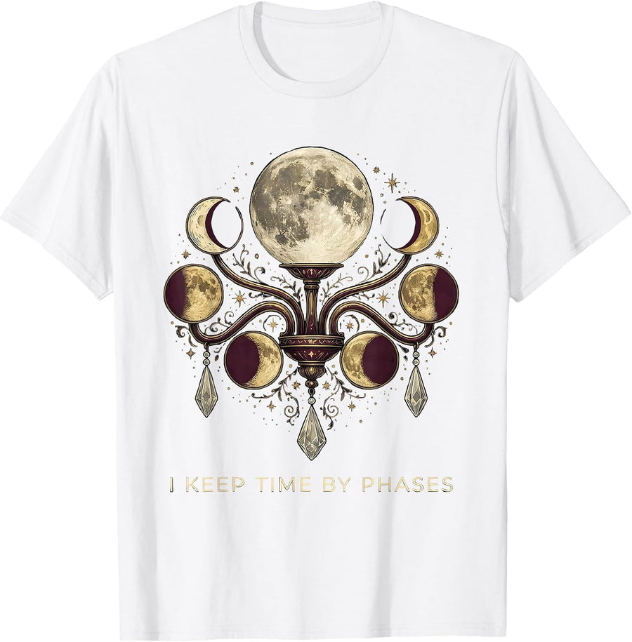 Men's I Keep Time By Phases Whimsigoth Celestial Moon Phase T-Shirt - White