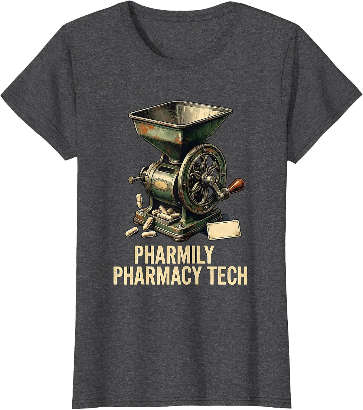 Women's Pharmily Pharmacy Tech Vintage Pharmacist Tech Crew Humor T-Shirt - Dark Heather Grey