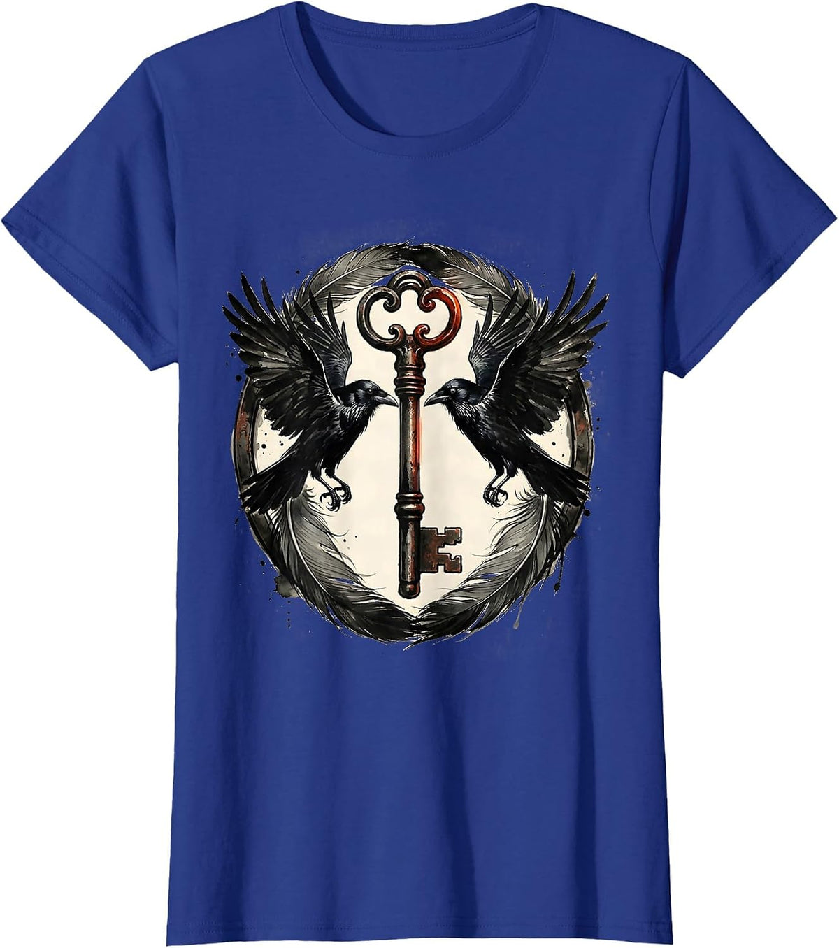 Women's Twin Crows and Iron Key Gothic Illustration T-Shirt - Royal Blue