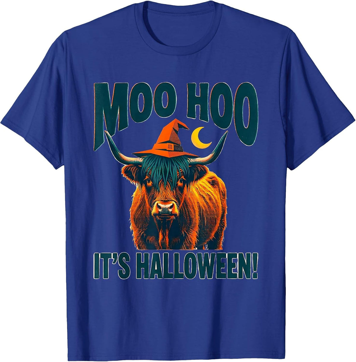 Moo Hoo, It's Halloween! Whimsical Highland Cow Fall T-Shirt - Royal Blue