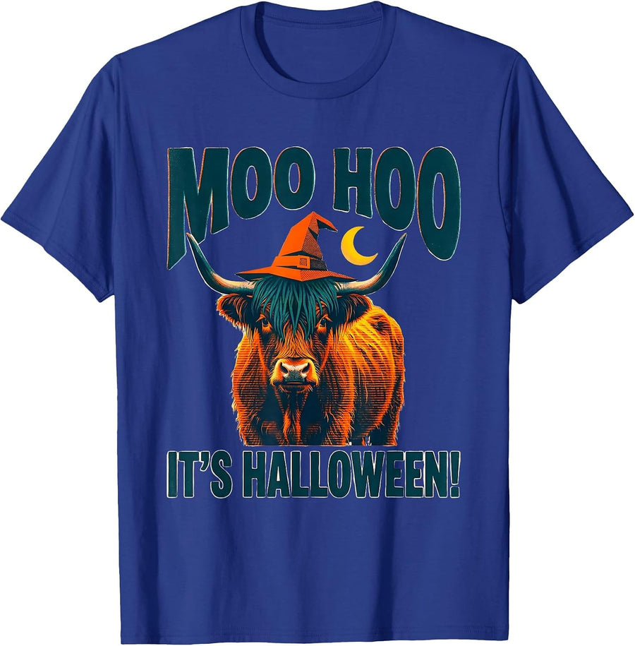 Moo Hoo, It's Halloween! Whimsical Highland Cow Fall T-Shirt - Royal Blue