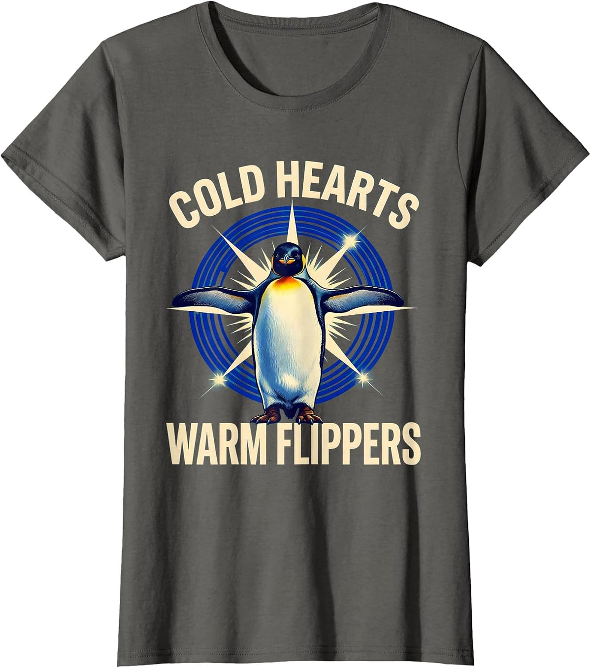 Women's Cold Hearts Warm Flippers Penguin Design T-Shirt - Asphalt Grey