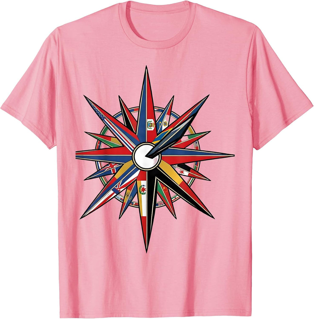 Men's Compass Point Star World Flags Geography Lover T-Shirt - Pink