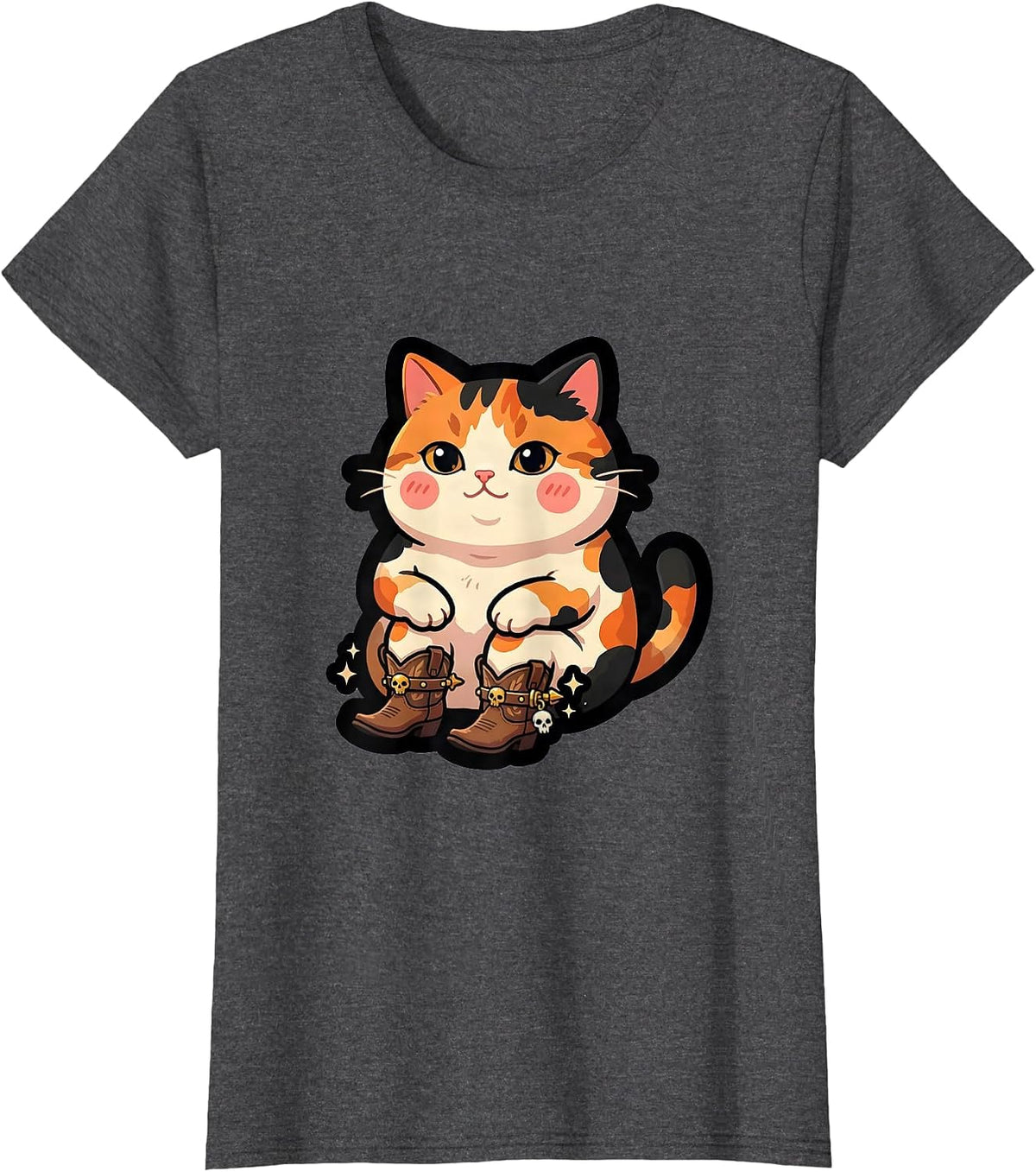 Women's Meowboys Calico Cat Cowboy Boots Spurs Porch T-Shirt - Dark Heather Grey