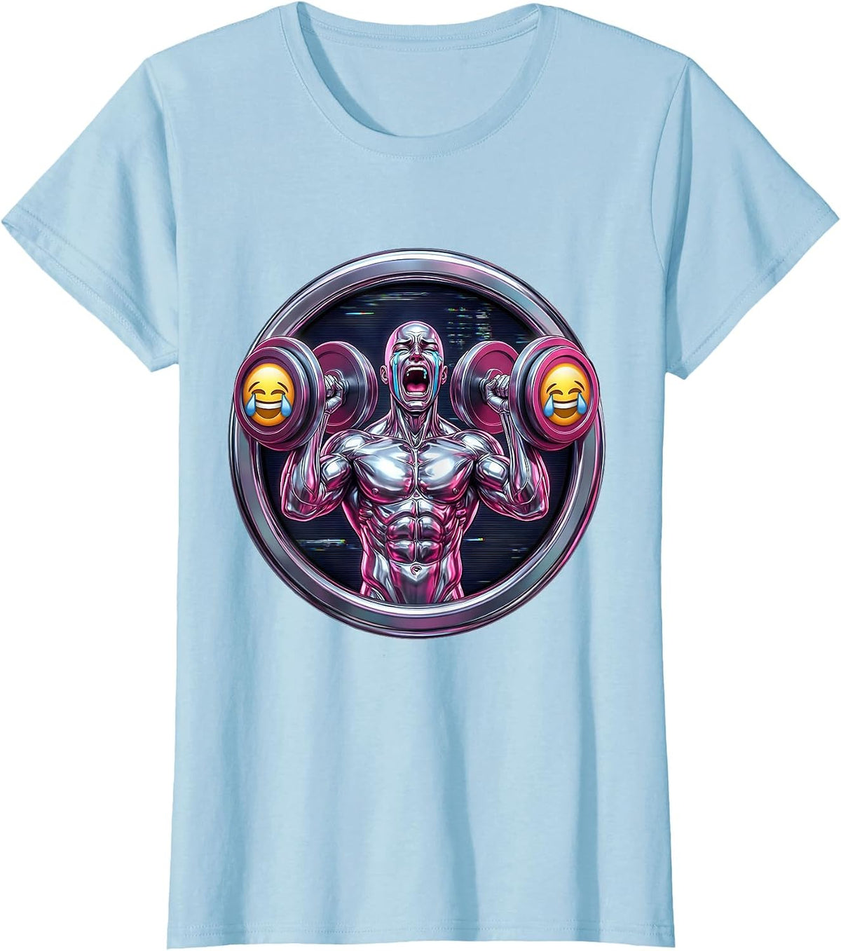 Buff Crying Weightlifter Emotional Dumbbells Meme T-Shirt - Baby Blue