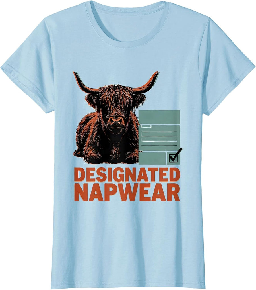 Women's Designated Napwear Funny Highland Cow Sleep Shirt Attitude T-Shirt - Baby Blue