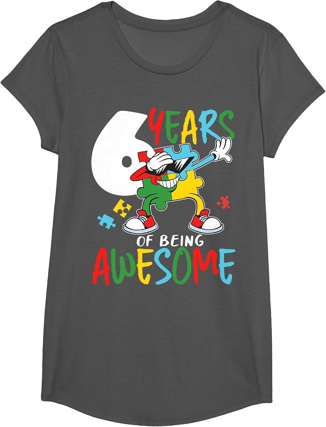 6 Year Old Autism Awareness Birthday Boy Girl T-Shirt - Girls Asphalt Grey