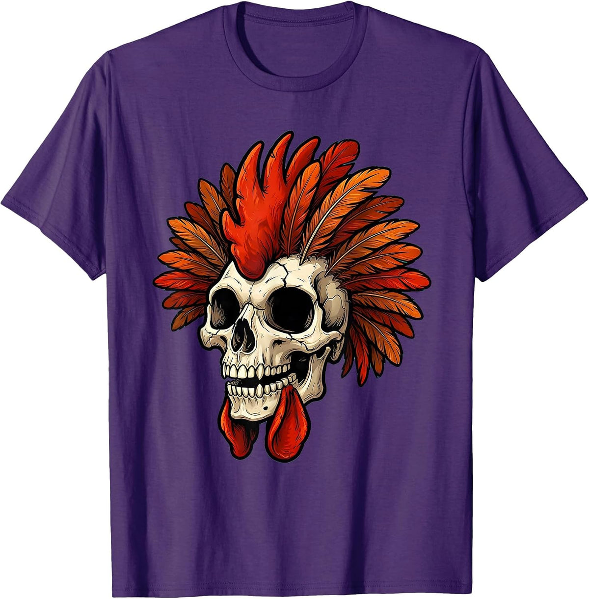 Rooster Skull Feather Mohawk Graphic Design T-Shirt - Purple