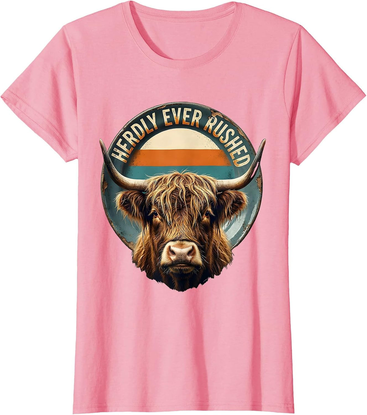 Women's Herdly Ever Rushed Funny Highland Cow Farm Animal Humor T-Shirt - Pink
