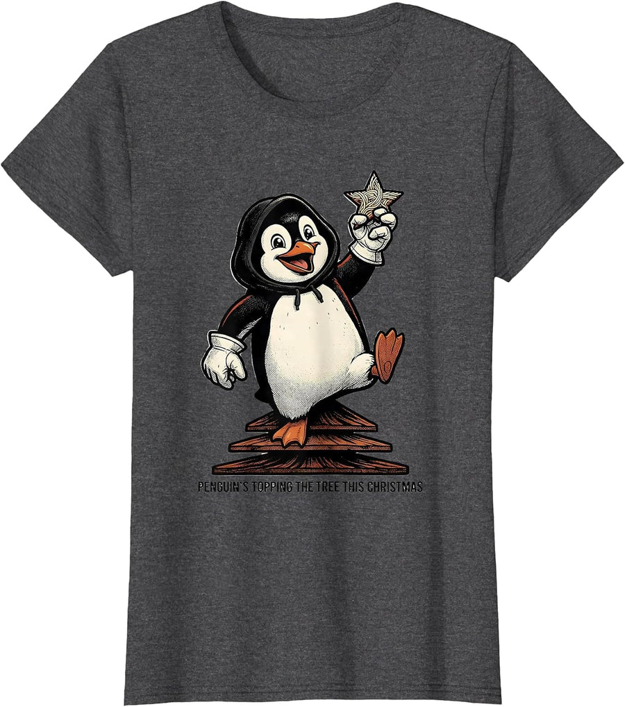 Women's Penguin's Topping The Tree This Christmas Funny T-Shirt - Dark Heather Grey