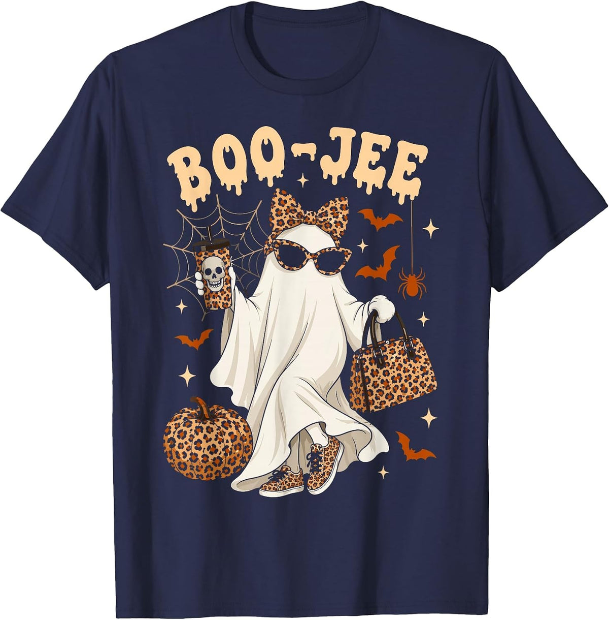 Halloween Boo JEE Ghost Leopard Boo JEE Women Girl Halloween T-Shirt - Navy Blue
