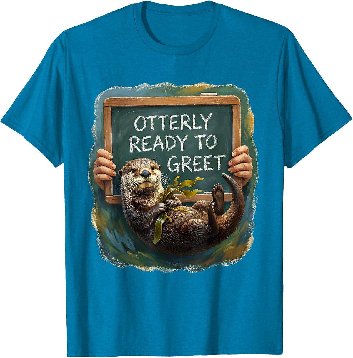 Otterly Ready To Greet Storybook Sea Otter Pun Humor T-Shirt - Sapphire Blue