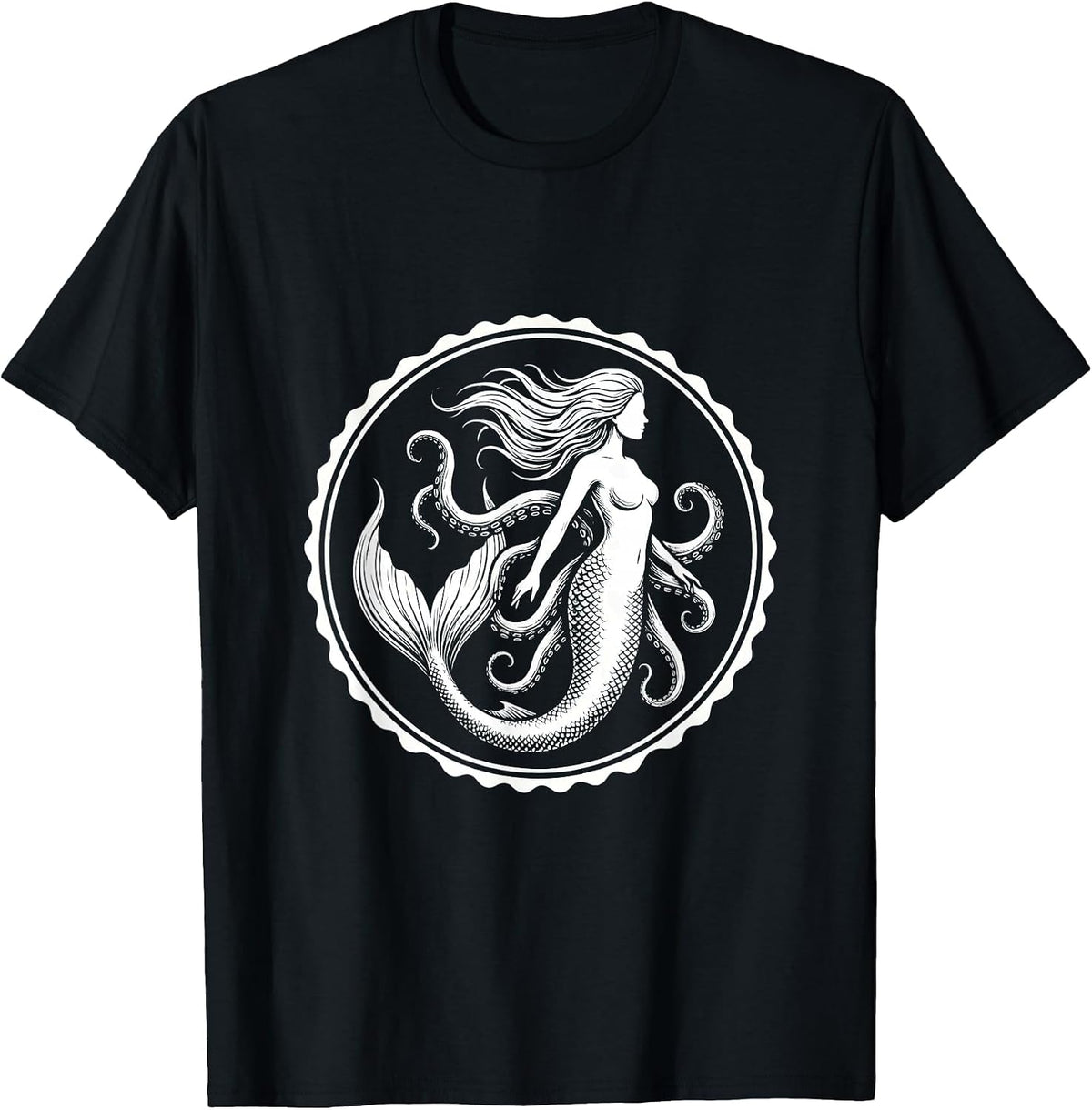 Men's Mermaid and Octopus Deep Sea Illustration T-Shirt - Black