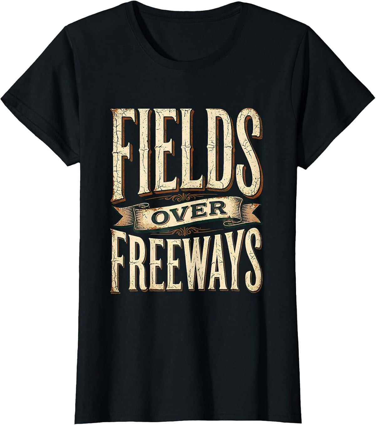 Women's Fields Over Freeways Nature Lover Design T-Shirt - Black