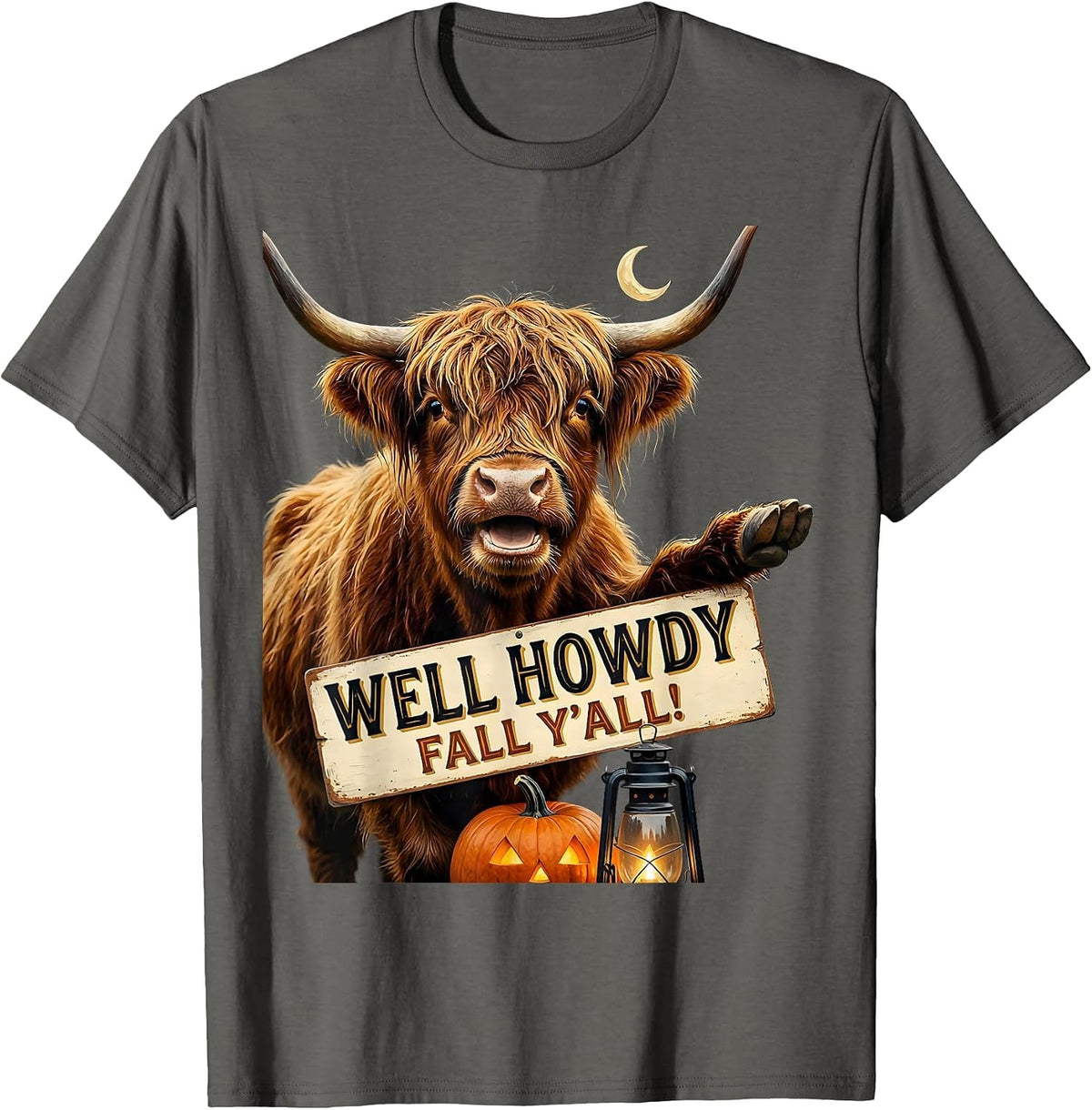 Men's Well Howdy, Fall Y'all! Whimsical Highland Cow Halloween T-Shirt - Asphalt Grey