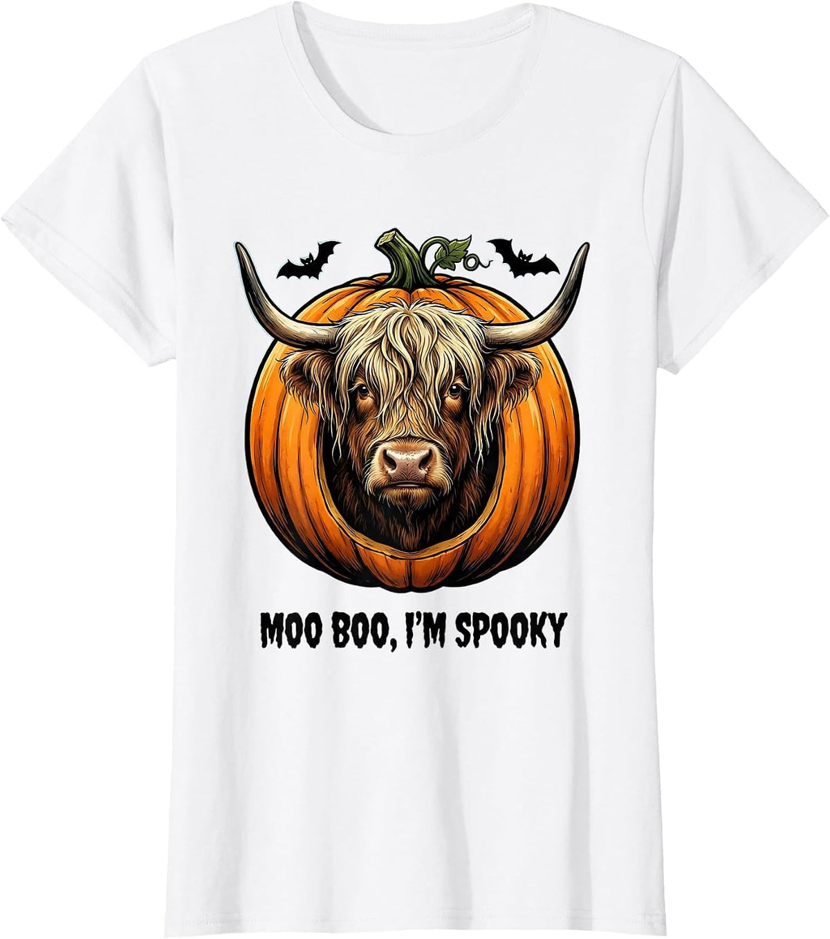 Women's Moo Boo, I’m Spooky Cartoon Highland Cow Halloween Costume T-Shirt - White