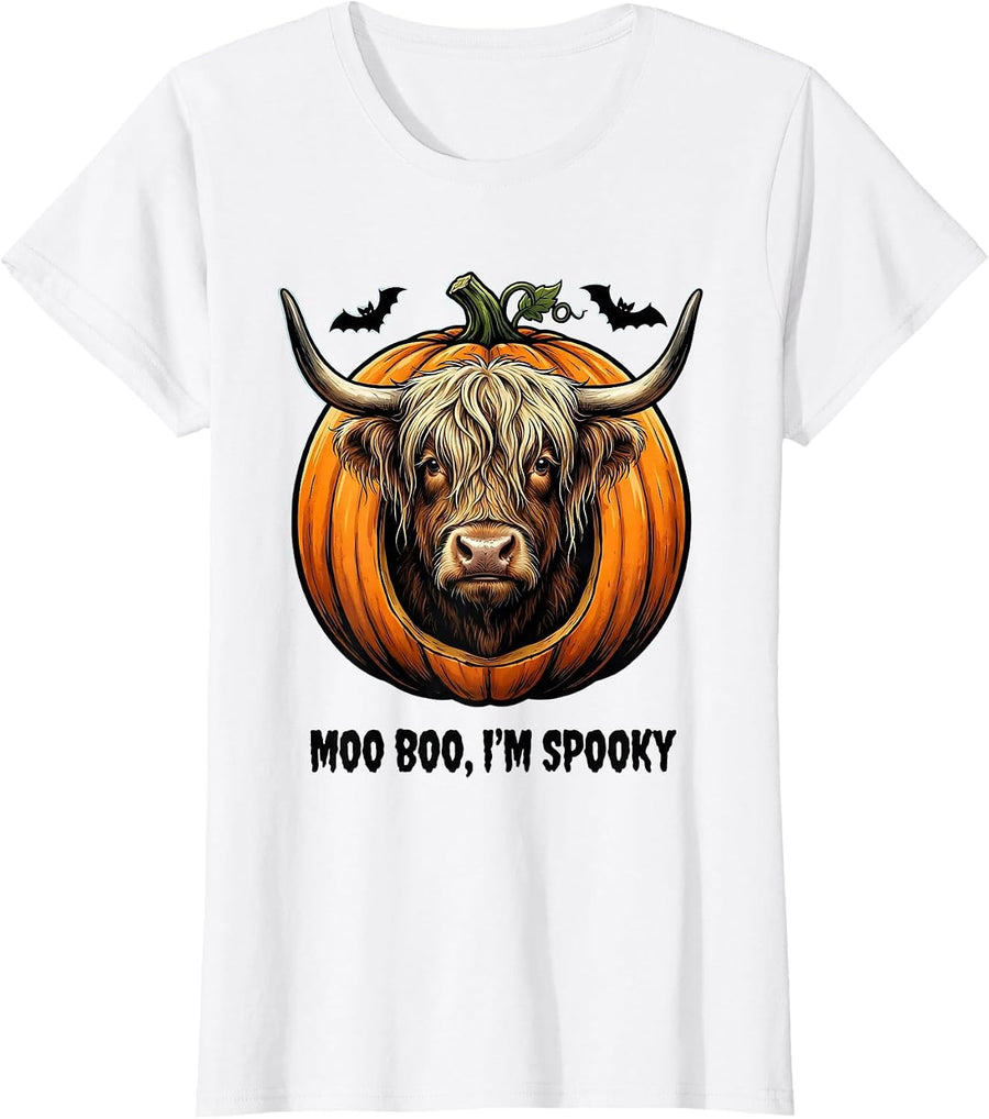 Women's Moo Boo, I’m Spooky Cartoon Highland Cow Halloween Costume T-Shirt - White