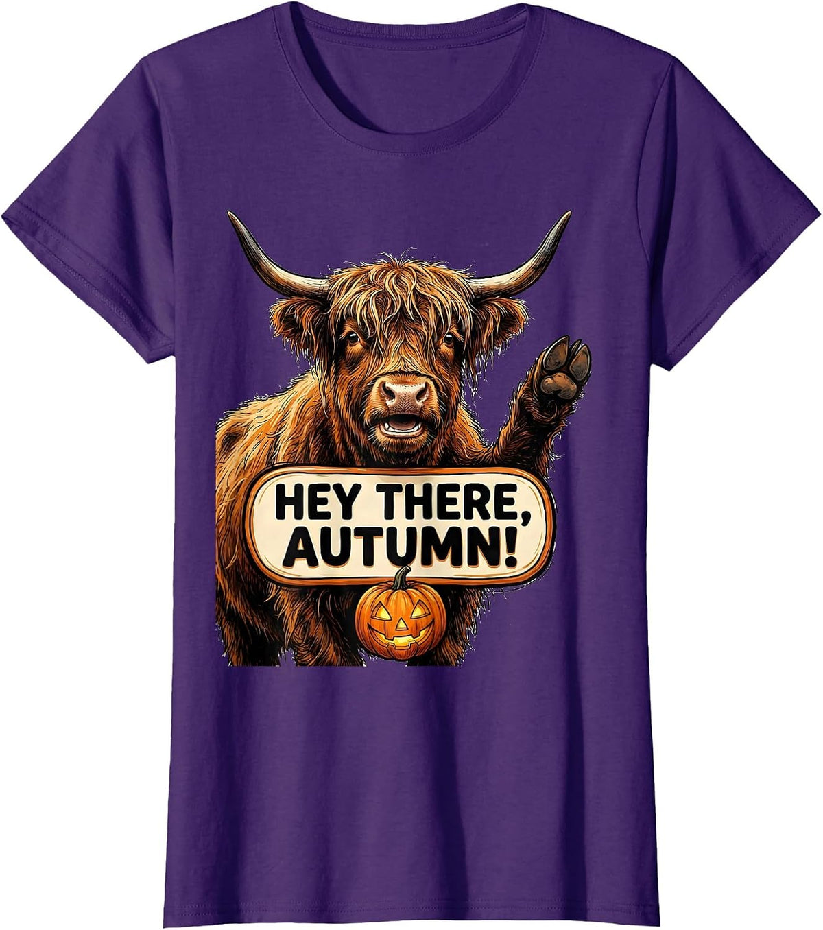 Women's Hey There, Autumn! Whimsical Highland Cow Fall Halloween Pun T-Shirt - Purple