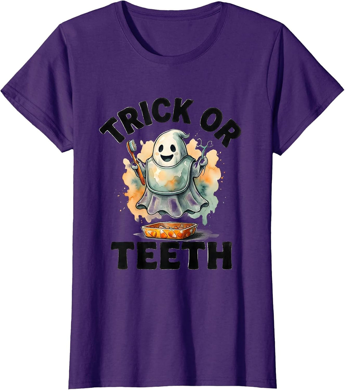 Women's Trick Or Teeth Watercolor Dental Ghost Halloween Dentist T-Shirt - Purple