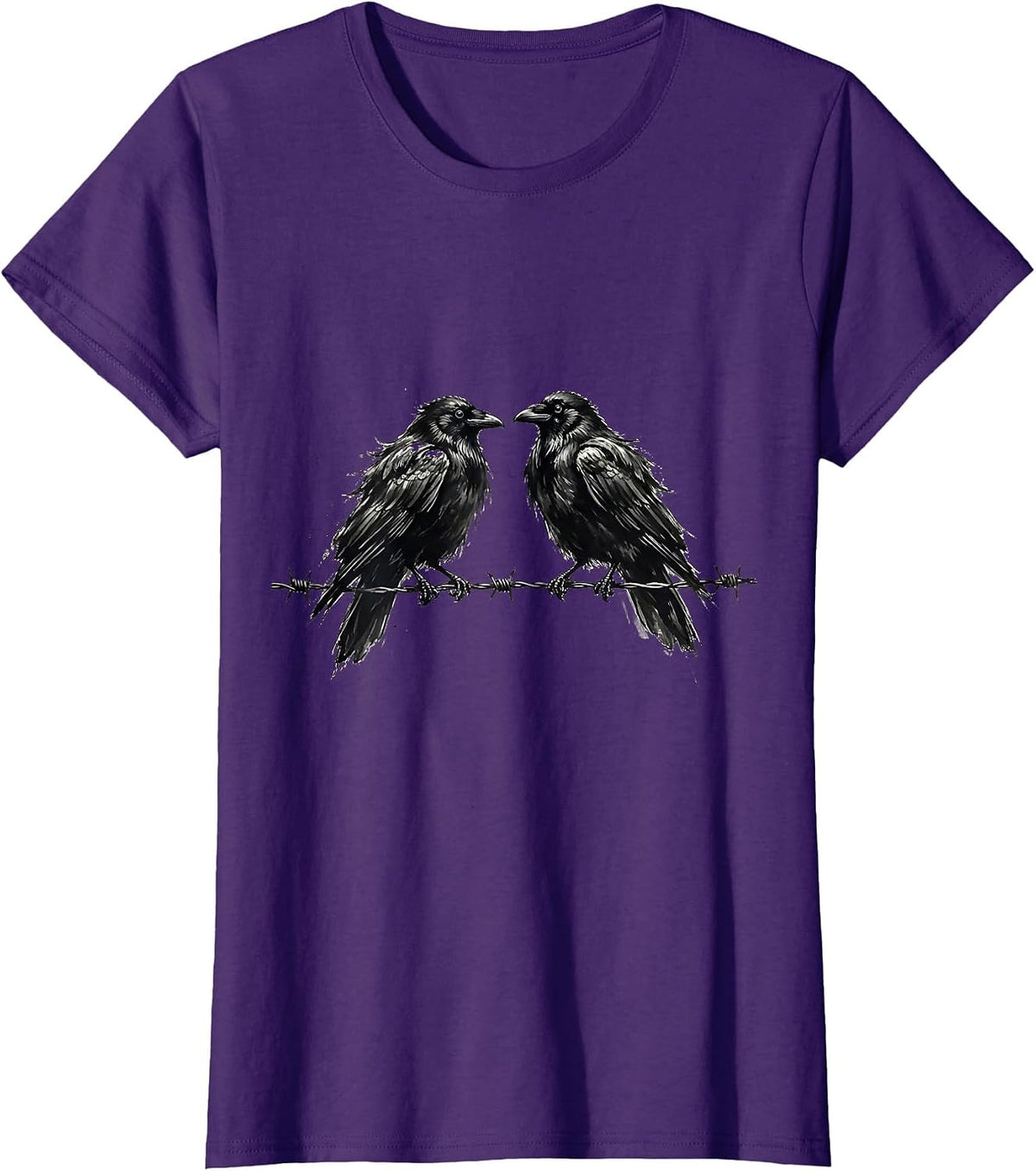Women's Two Crows on Barbed Wire Illustration T-Shirt - Purple
