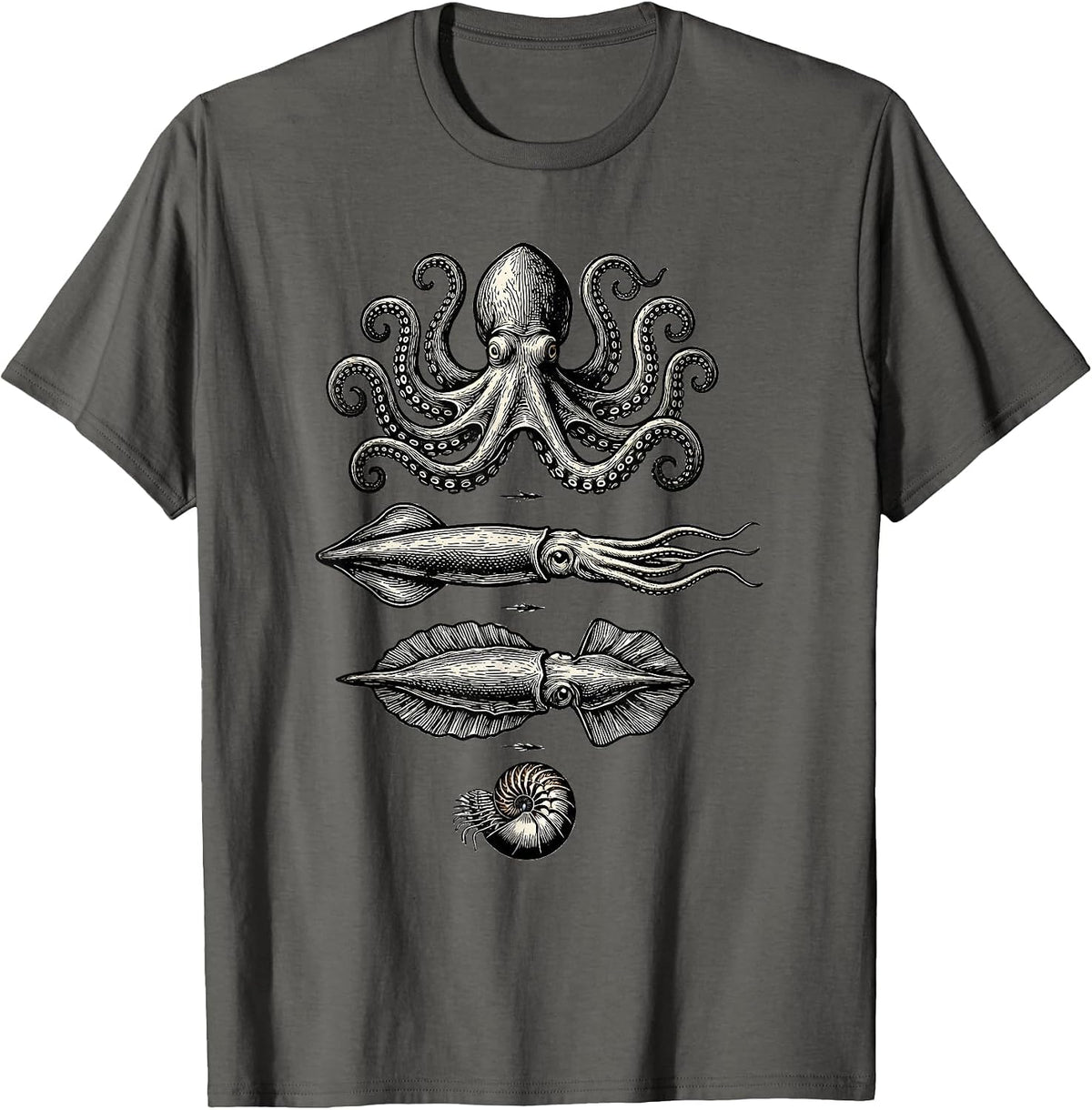 Men's Cephalopod Studies Woodcut Engraving Octopus Lover T-Shirt - Asphalt Grey