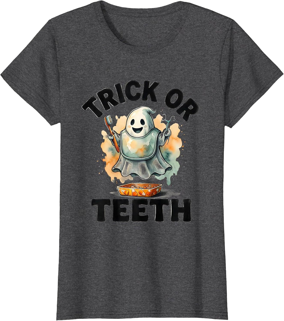 Women's Trick Or Teeth Watercolor Dental Ghost Halloween Dentist T-Shirt - Dark Heather Grey
