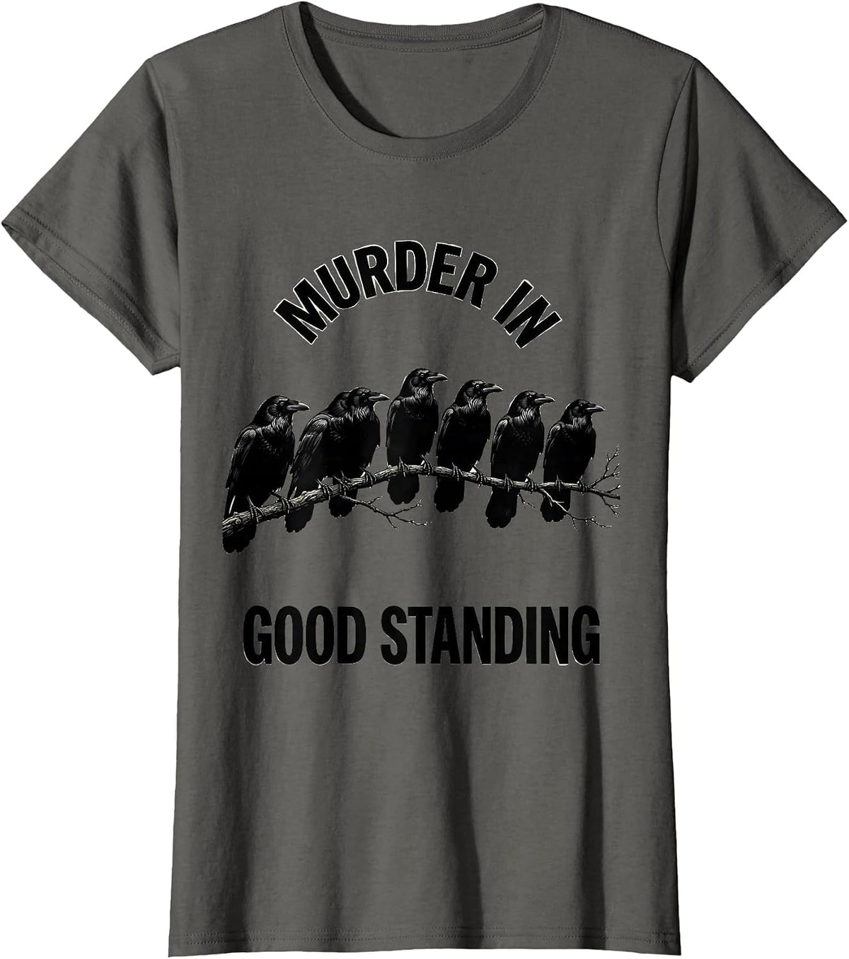 Women's Murder In Good Standing Funny Crow Lover Bird Humor T-Shirt - Asphalt Grey