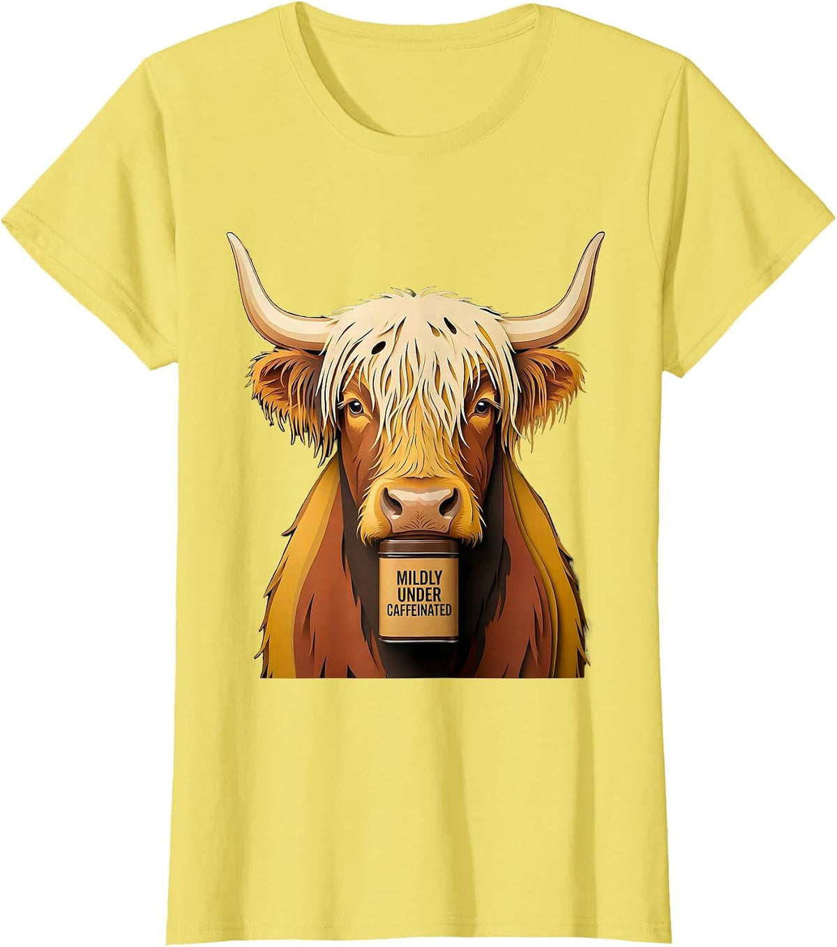 Women's Mildly Under Caffeinated Highland Cow Funny Cute Coffee T-Shirt - Lemon Yellow