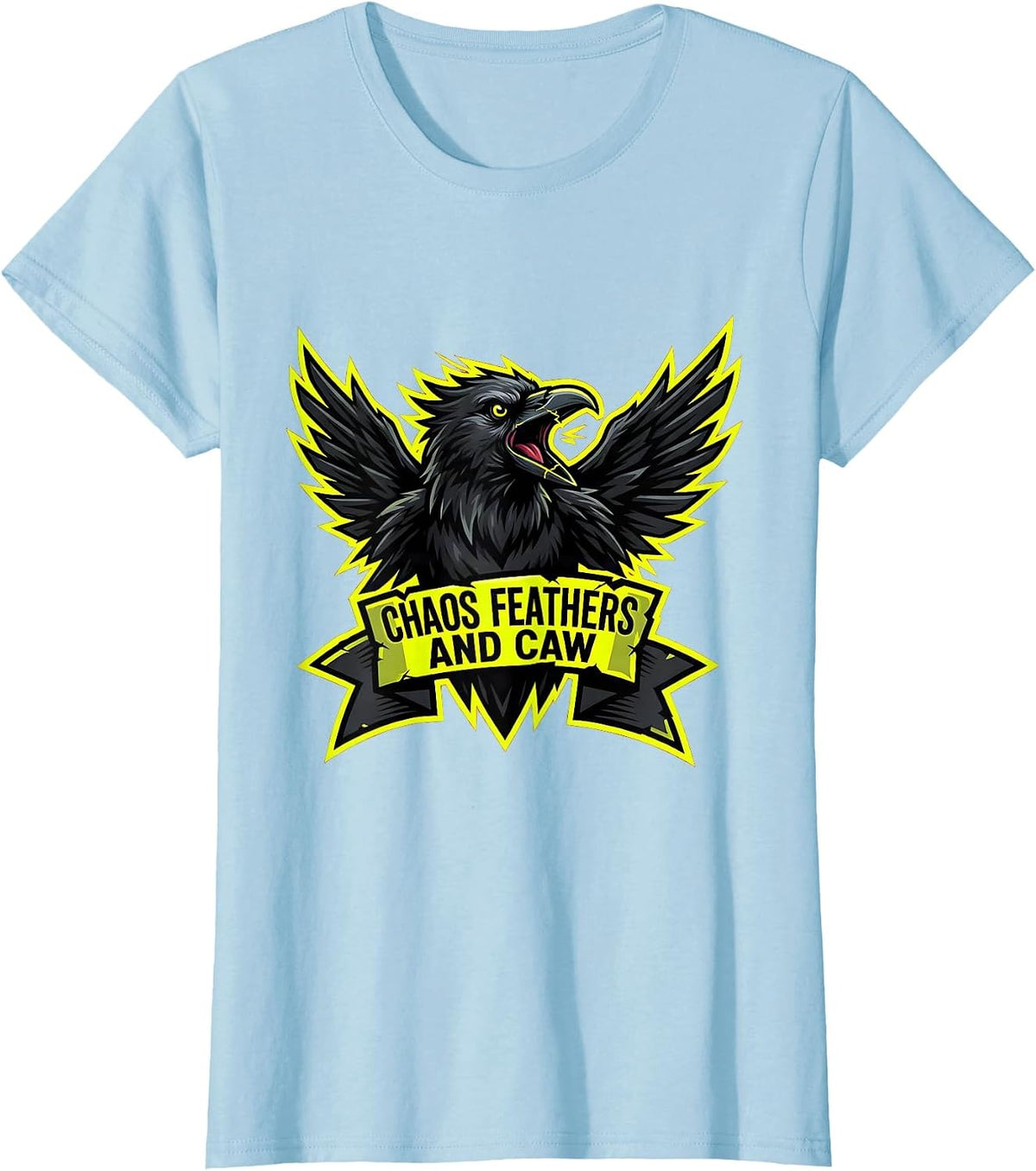 Women's Chaos Feathers and Caw Crow Design T-Shirt - Baby Blue