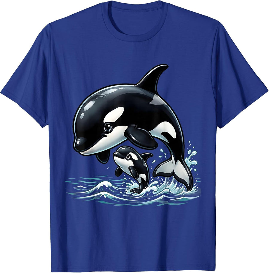 Mama and Baby Orca Ocean Wildlife Design T-Shirt - Royal Blue