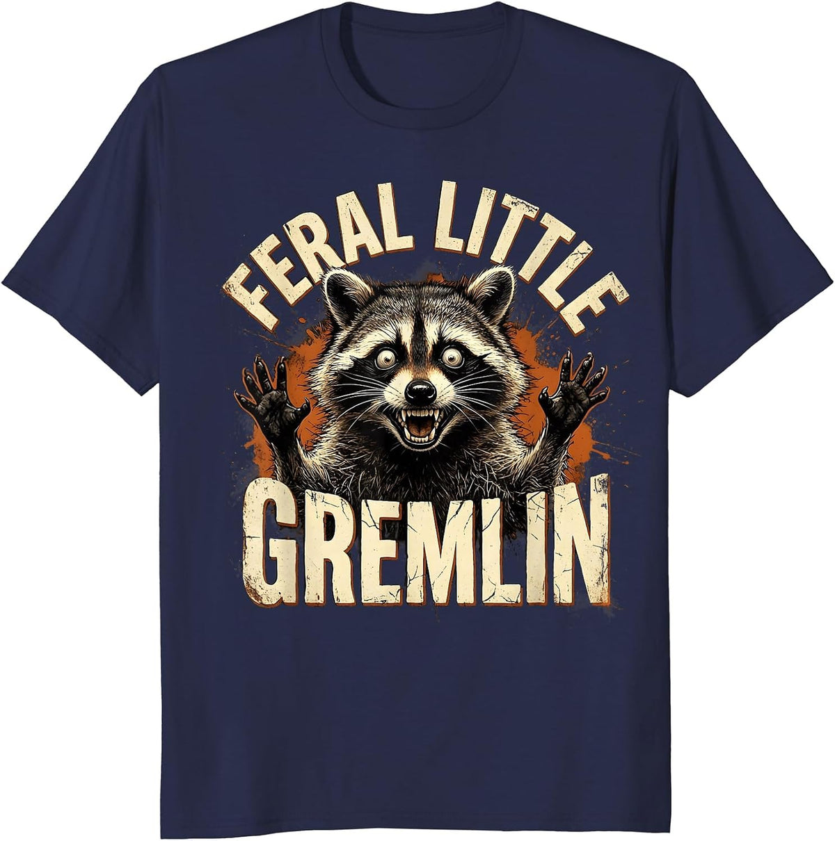 Feral Little Gremlin Raccoon Design T-Shirt - Navy Blue
