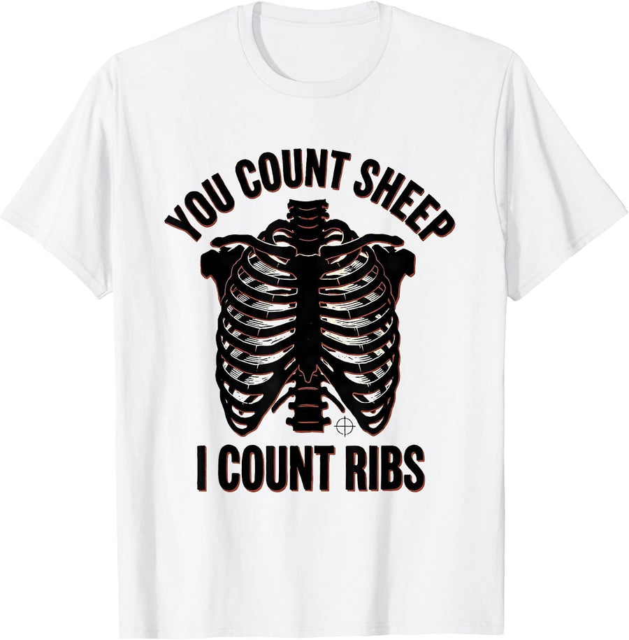 Men's You Count Sheep, I Count Ribs Linocut Radiology Tech Humor T-Shirt - White