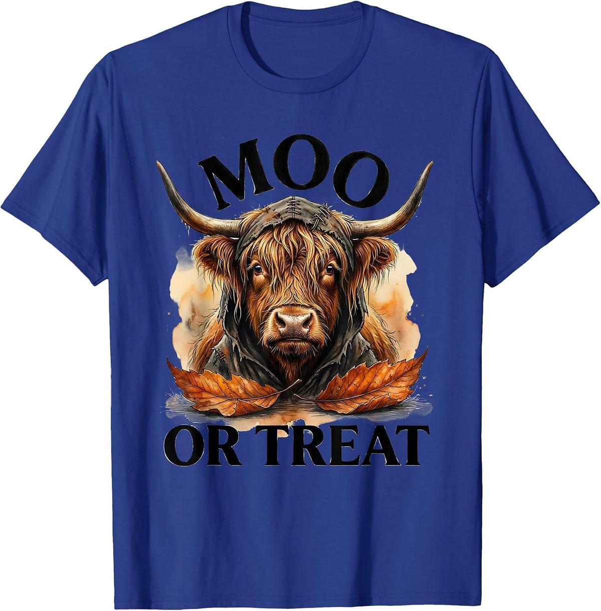 Men's Moo Or Treat Watercolor Highland Cow Halloween Fall Costume T-Shirt - Royal Blue