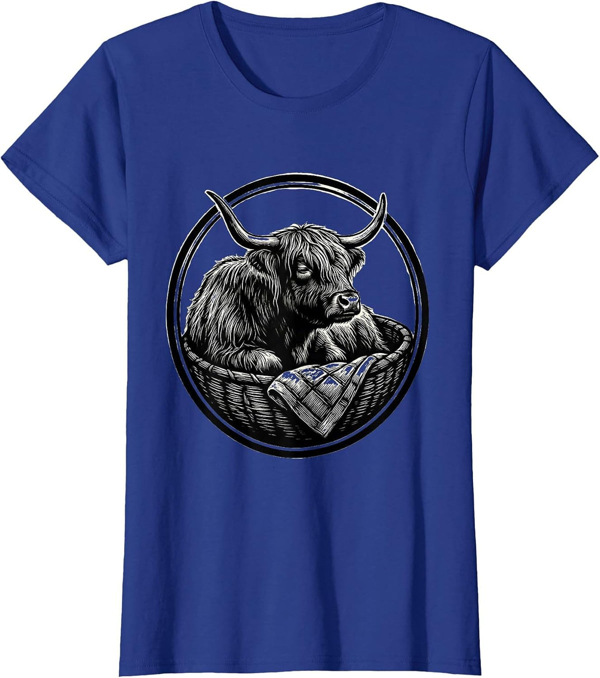 Women's Highland Cow Sleep Basket Cozy Scratchboard Art T-Shirt - Royal Blue