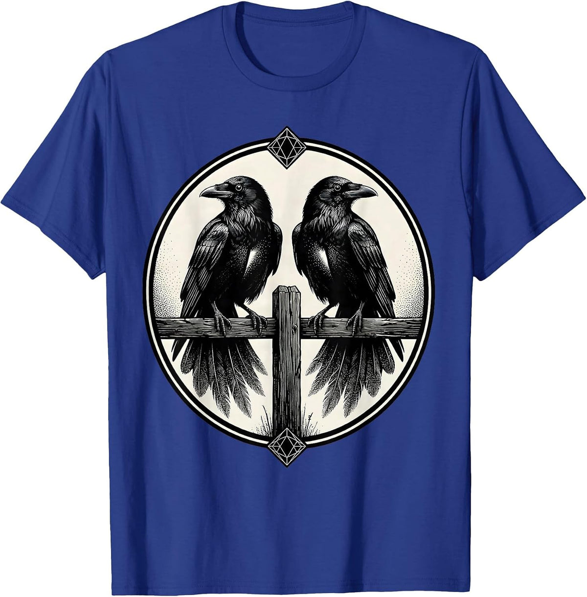 Two Crows on a Fence Post Illustration T-Shirt - Royal Blue