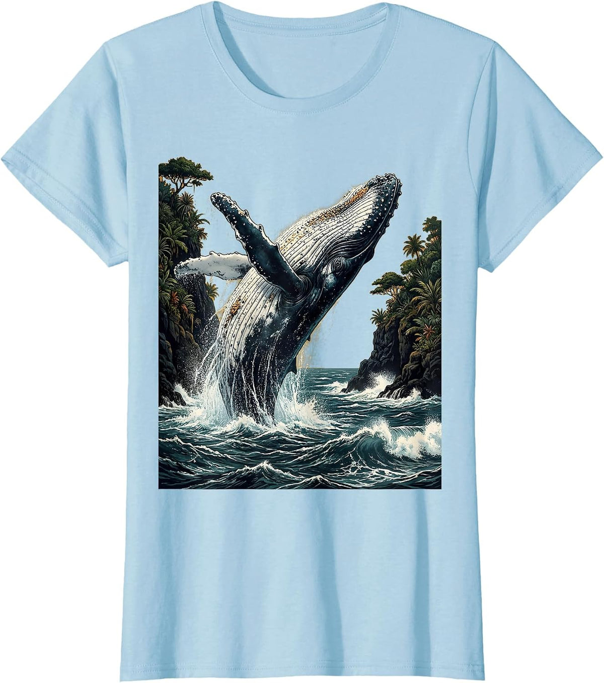 Aloha Whale Breaching Volcanic Island Cliffs T-Shirt - Baby Blue