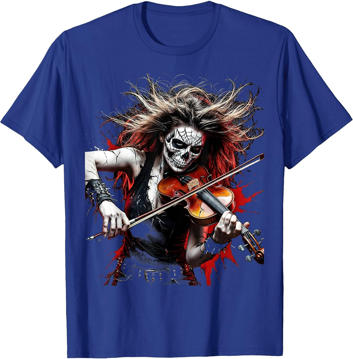 Cracked Skull Violinist Rock Musician Graphic T-Shirt - Royal Blue