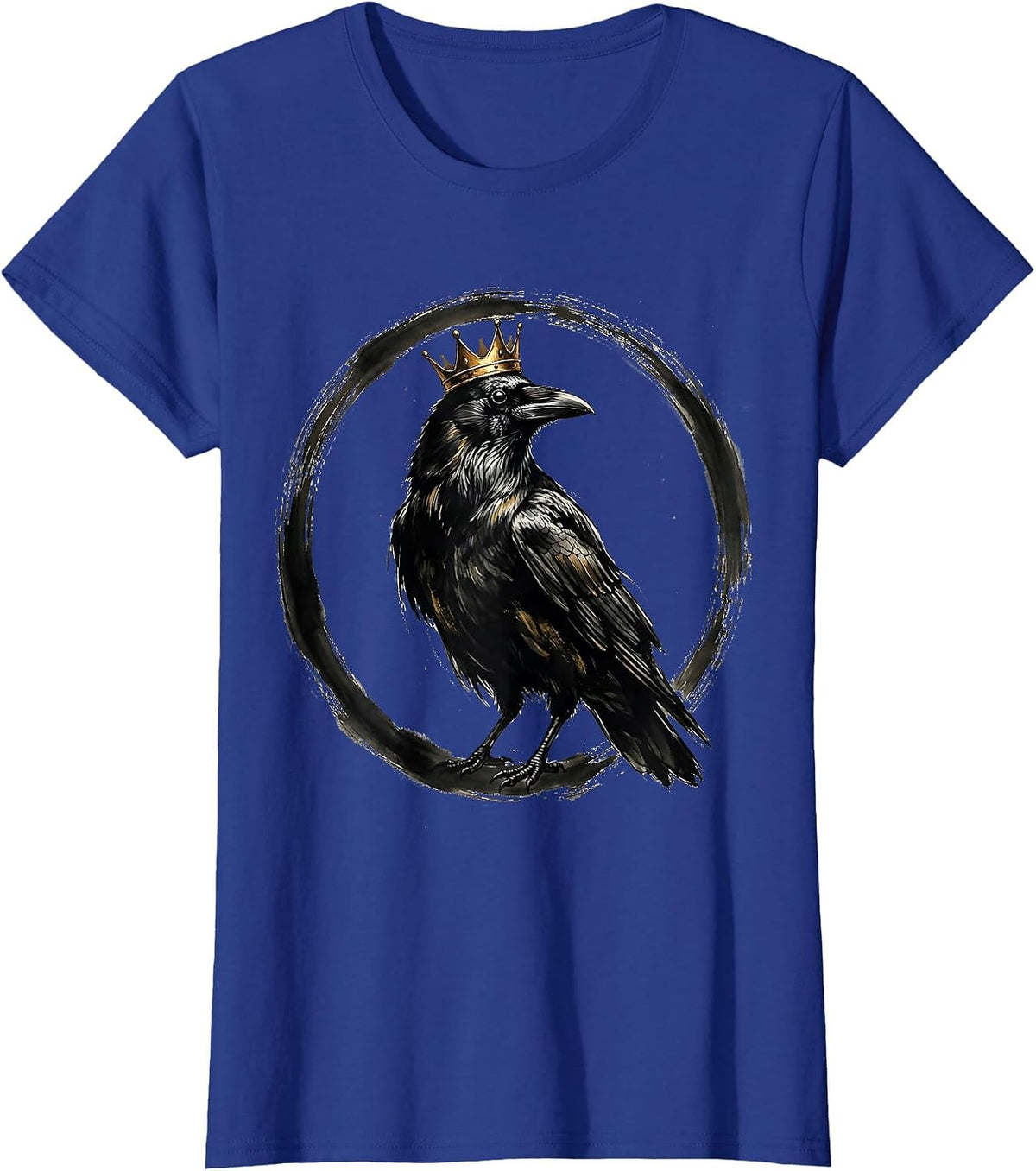 Women's Crow Wearing a Tiny Golden Crown Illustration T-Shirt - Royal Blue