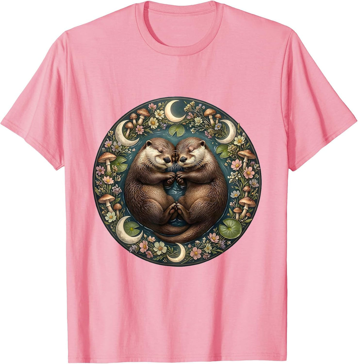 Men's Sleeping Otters Holding Hands Cute Wildlife Art T-Shirt - Pink