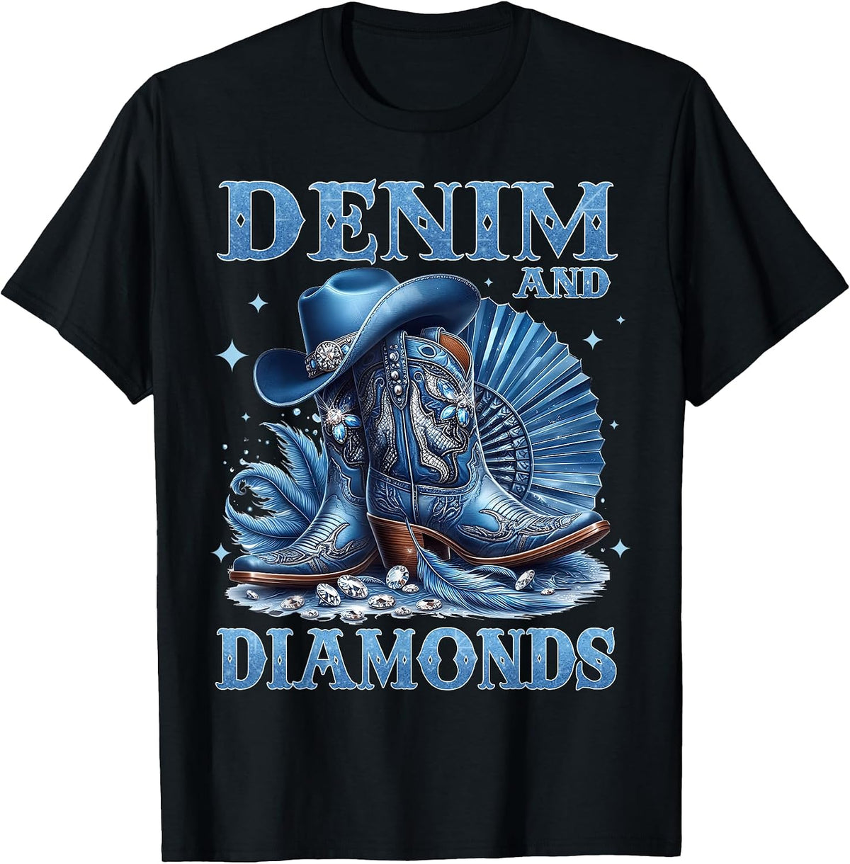 Country Western Cowboy Cowgirl Boots Hat Denim and Diamonds T-Shirt, Men, Black, Small - As Pictured