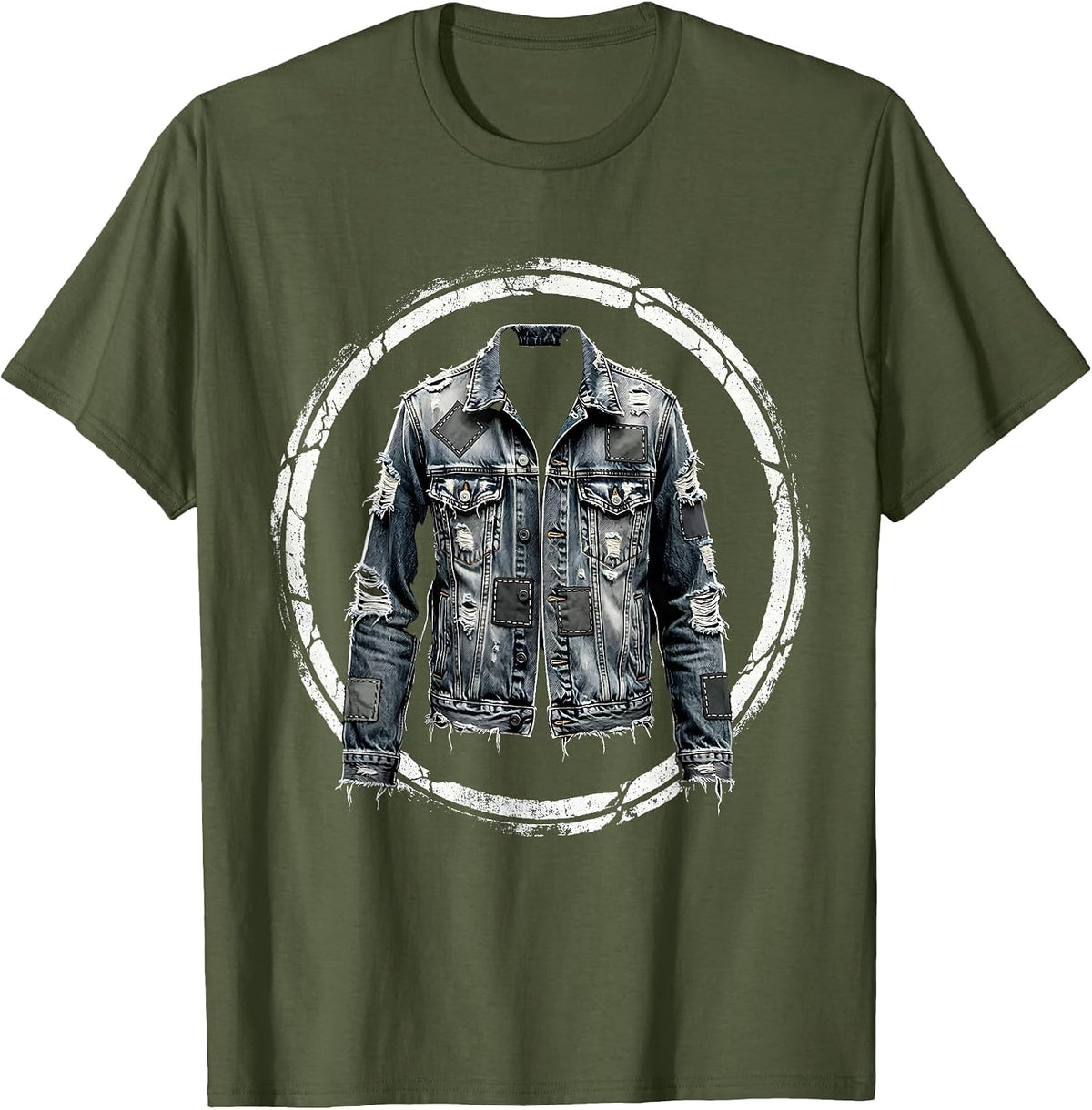Men's Grunge Patched Denim Jacket Illustration T-Shirt - Olive Green